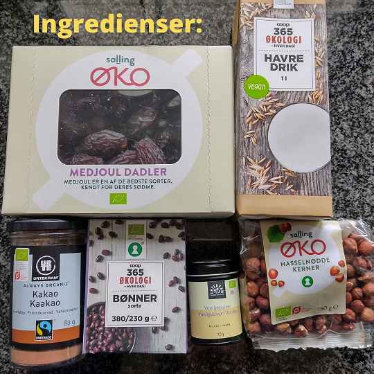 Ingredienser til den sunde nutella: kakao, sorte bønner, hasselnødder, havredrik, vaniljepulver og medjoul dadler.