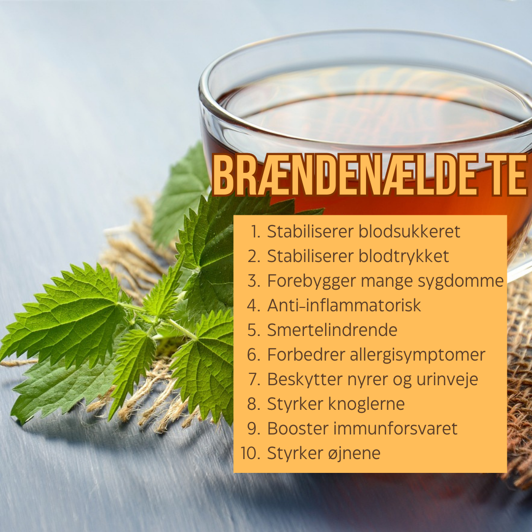 Urtete: Brændenældete. Brændenælde te. Stabiliserer blodsukkeret
 Stabiliserer blodtrykket
 Forebygger mange sygdomme
 Anti-inflammatorisk
 Smertelindrende
 Forbedrer allergisymptomer
 Beskytter nyrer og urinveje
 Styrker knoglerne
 Booster immunforsvaret
 Styrker øjnene
